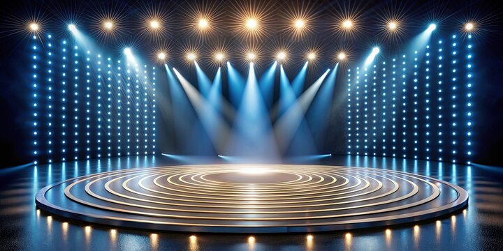 A circular stage bathed in a luminous blue spotlight, illuminated by a grid of sparkling lights, creates a dramatic and elegant backdrop for a momentous occasion.