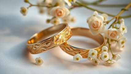 Elegant Wedding Rings Surrounded by Delicate Roses and Baby's Breath on White Tablecloth