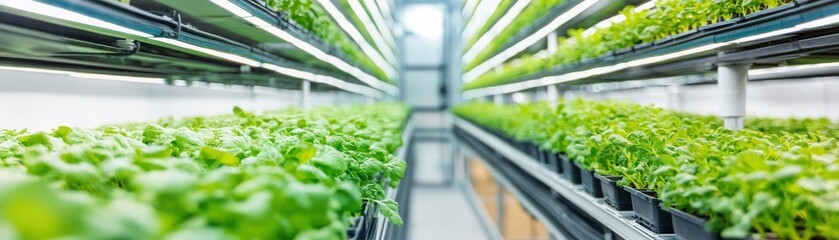 Vibrant green plants in a modern indoor nursery, showcasing rows of healthy seedlings under bright artificial lights.