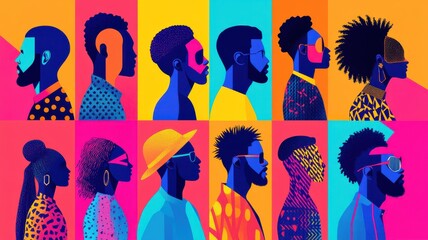 Vibrant illustration showcasing diverse profiles with colorful patterns, emphasizing individuality and cultural expression.