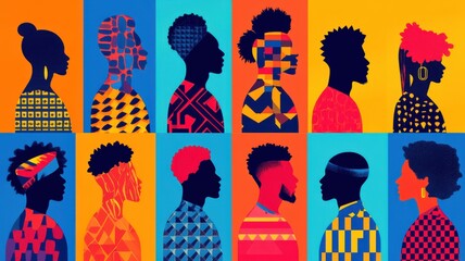 Vibrant silhouettes featuring diverse profiles with unique patterns against colorful backgrounds, celebrating individuality and culture.