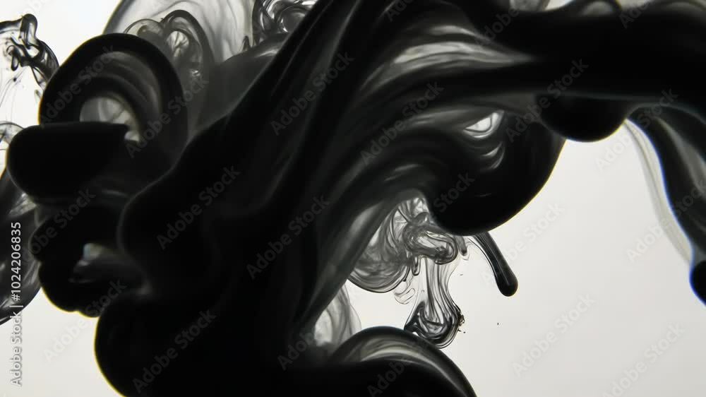 Aufkleber black ink swirls and dances in a clear liquid, creating abstract patterns against a white background