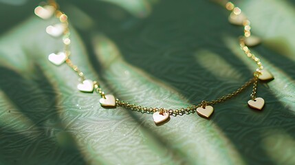 Dainty anklet with tiny heart charms on green background