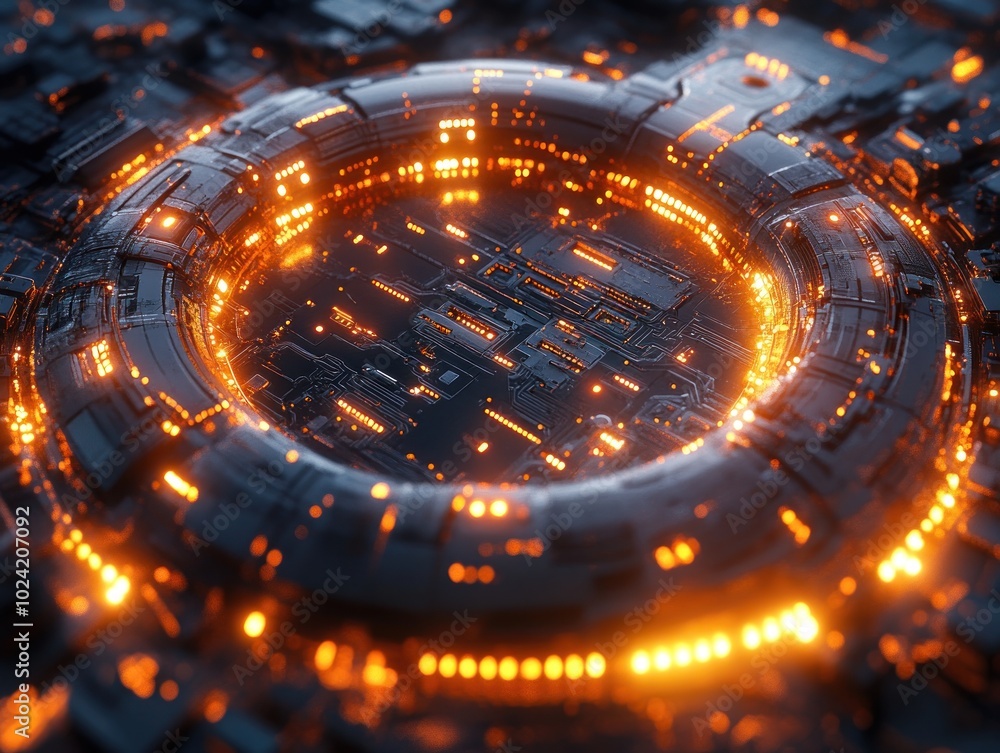 Poster abstract digital design featuring a glowing circular structure with intricate patterns.