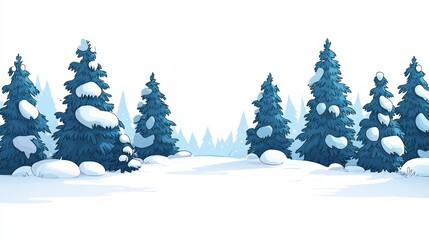 Fototapeta premium Snow blankets the ground while tall evergreen trees stand majestically, their branches heavy with snow. A quiet, winter atmosphere envelops the landscape