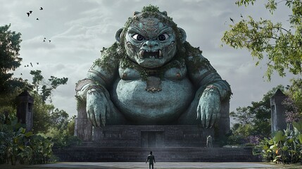 Ancient Stone Guardian Statue in a Lush Jungle Setting