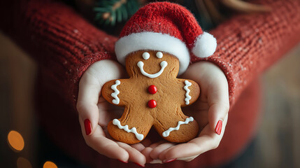 Obraz premium A person is holding a gingerbread man cookie with a red hat on it. The cookie is smiling and the person is holding it up to the camera, creating a festive and joyful atmosphere