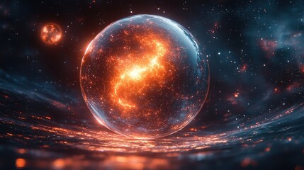 A glowing orb with fiery energy bursts forth in a dark and swirling nebula.