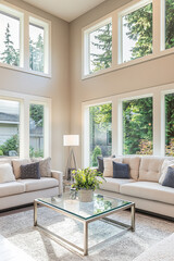 Spacious living room with a light grey sofa and glass coffee table
