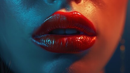 Obraz premium A close-up of a model's lips with a glossy red lipstick applied, highlighting the smooth texture and vibrant color on a clean background. 8k UHD, suitable for high-quality printing or digital 