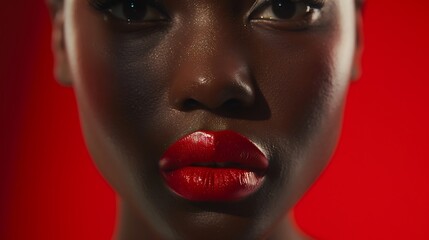 A macro shot focusing on the model's lips, showing a velvety red lipstick with precision lip lining, creating a striking contrast against the model's skin. 8k UHD, suitable for high-quality 