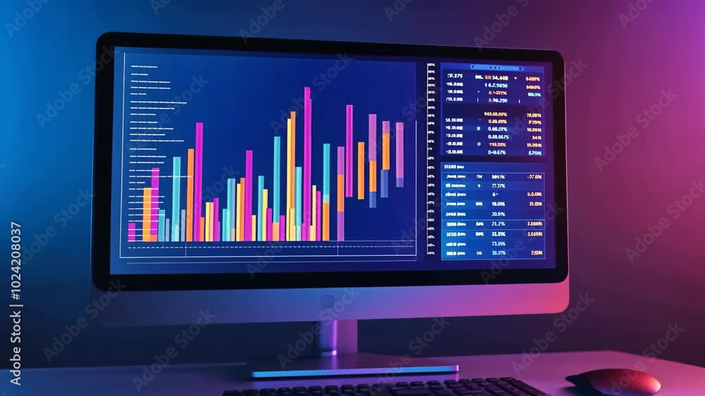 Poster a desktop computer displays a graph with colorful bars and numbers, illuminated by blue and purple l