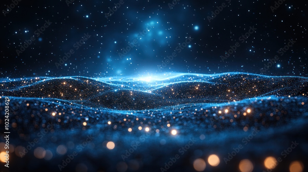 Sticker abstract blue and gold background with glowing particles and a distant light.