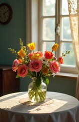 background with a bouquet of spring flowers in a vase against a window with a blooming garden visible behind it. The flowers are done in soft pastel colors, creating a feeling of coziness and warmth