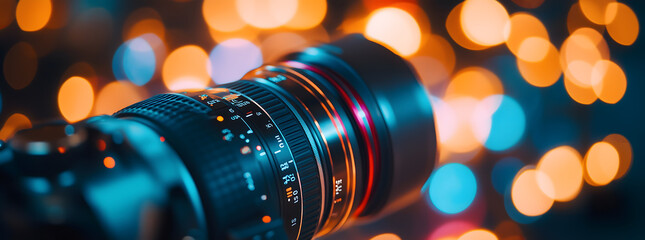 Professional Camera with Bokeh Background: DSLR with Telephoto Lens Against Blurred Lights, Representing Photography and Creativity