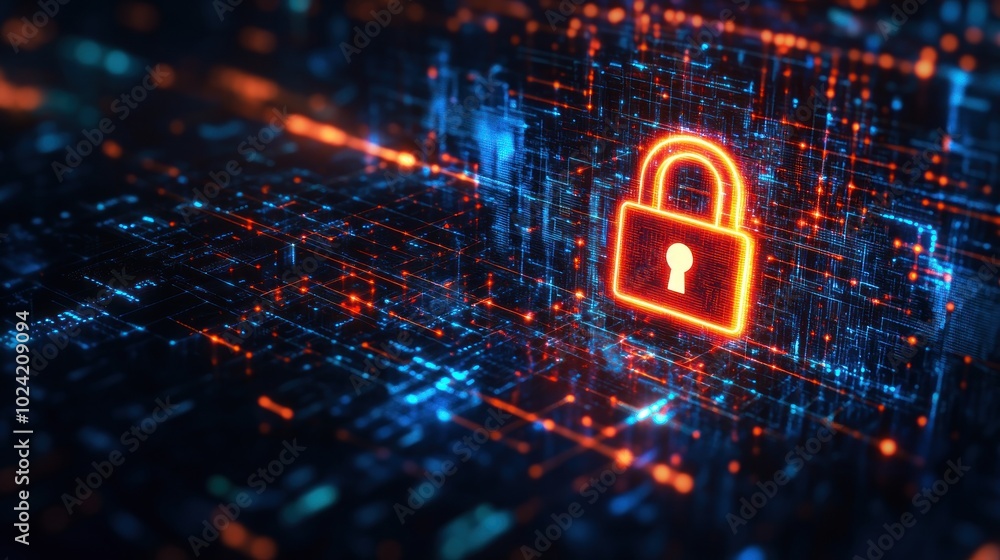 Poster a digital lock symbol representing cybersecurity amidst a network of data streams.