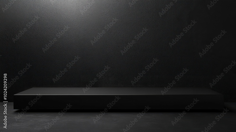 Poster black podium or pedestal display on dark background with long platform. blank product shelf standing