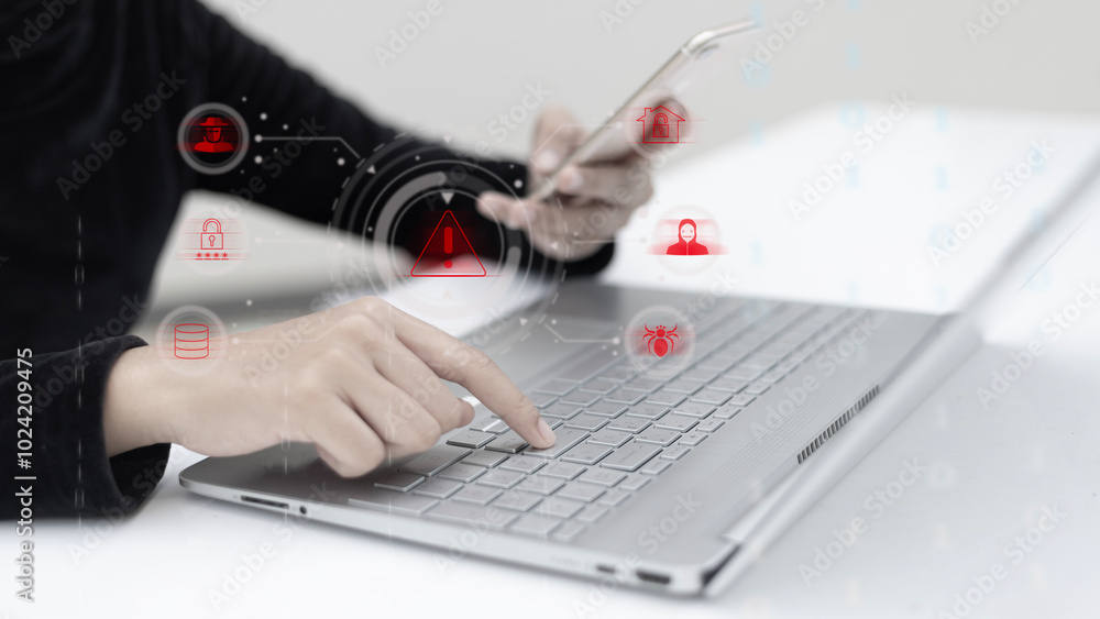 Poster warning, cybersecurity breach detected! the system is under attack by malicious software, compromisi