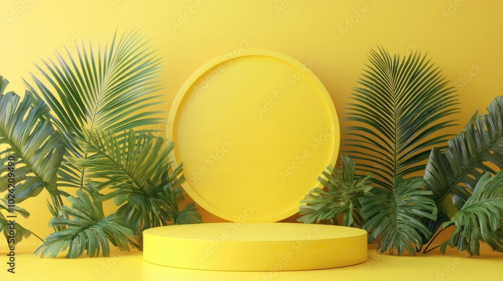 Poster blank yellow display on vivid summer background with minimal style. blank stand for showing product.