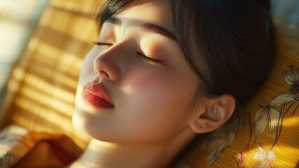 Fototapeta premium Young Asian woman relaxing in traditional kimono enjoying a quiet moment indoors with warm natural light