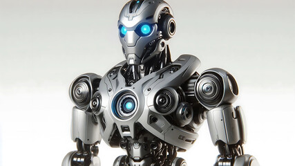 Fototapeta premium A futuristic robot toy with sleek metallic features and glowing blue eyes.