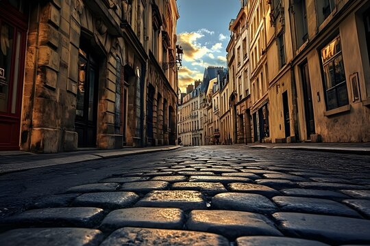 Cobblestone Street in a European City with Old Buildings