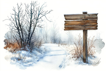 Naklejka premium A watercolor illustration of a trail winding through a serene winter forest, where the ground and trees are blanketed in soft, white snow. , A large wooden signboard stands along the trail
