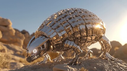 Fototapeta premium Intricate Robotic Armadillo Basking in Desert Sunlight - Ultra-Detailed 3D Render with Cinematic Lightning