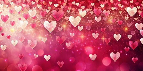 A symphony of glistening hearts floating on a vibrant pink and gold backdrop, each one a miniature galaxy of shimmering stardust.