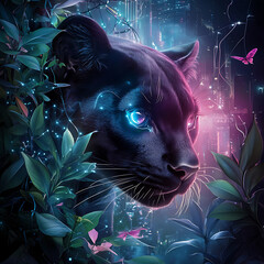 mystical black panther with glowing eyes emerges from lush foliage, set against vibrant cityscape illuminated by neon lights. Butterflies flutter around, adding to enchanting atmosphere