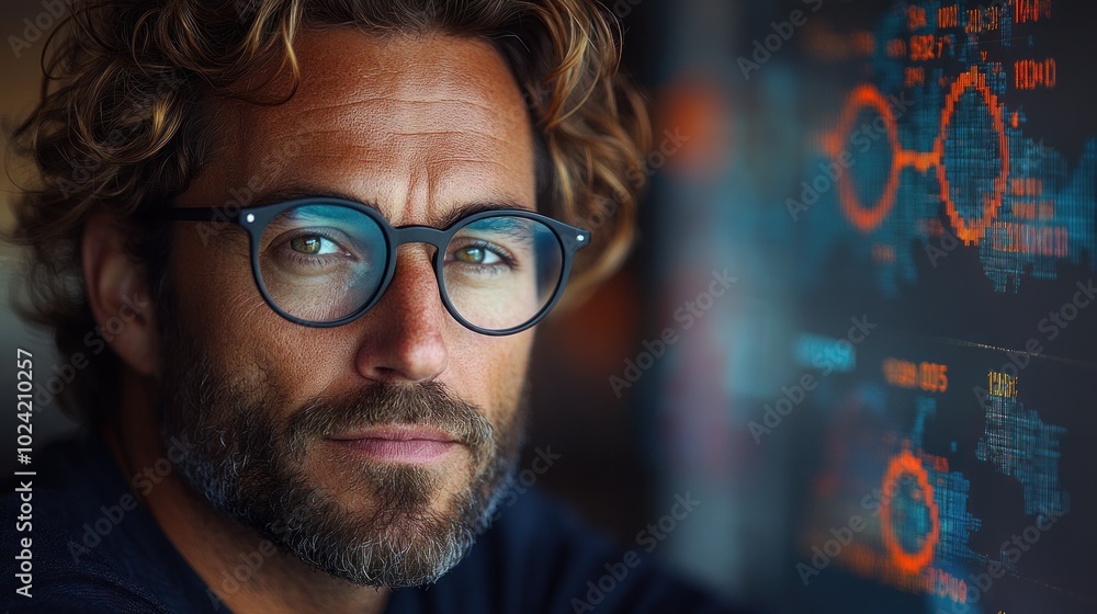 Aufkleber portrait of a man wearing glasses, looking intently at the camera. he is standing in front of a scre