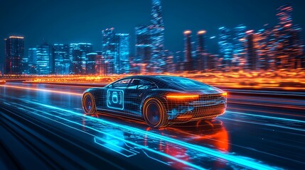 Fototapeta premium Electric self-driving car cruising on a high-tech highway, holographic icons displaying speed, AI navigation, and road safety, futuristic city skyline glowing in the background,