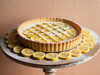 The lemon tart is decorated with a delicate lattice pattern. Surround with a ring of bright yellow lemon slices and sprinkle with powdered sugar.