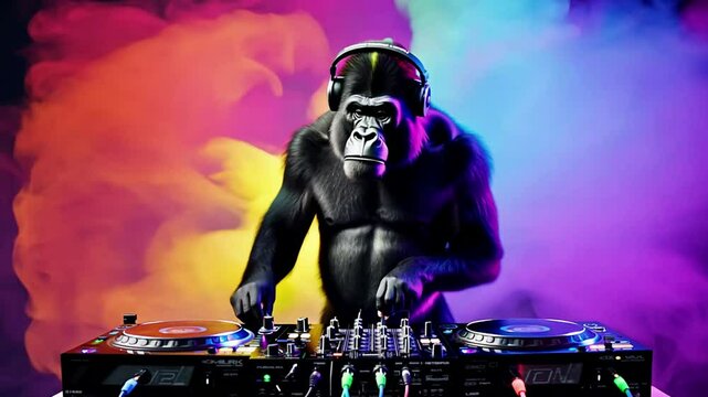 Animal gorilla DJ on colored background, little rainbow smoke. Party, concept. Generative AI