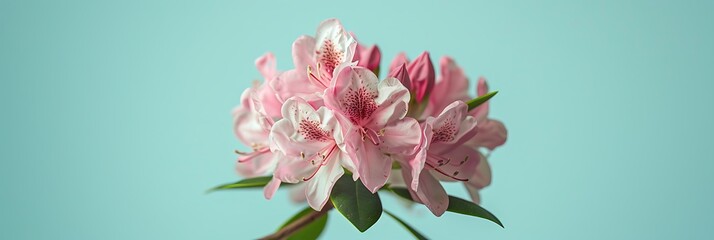 Fototapeta premium A soft pink rhododendron flower isolated on a light blue background.