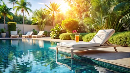 Obraz premium A refreshing drink rests on a lounge chair by the pool, inviting relaxation and escape from the everyday.