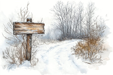 Naklejka premium A watercolor illustration of a trail winding through a serene winter forest, where the ground and trees are blanketed in soft, white snow. , A large wooden signboard stands along the trail