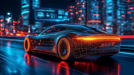 Electric self-driving car on a futuristic highway, augmented reality interface floating above with glowing data and icons displaying vehicle performance, speed, and road conditions,