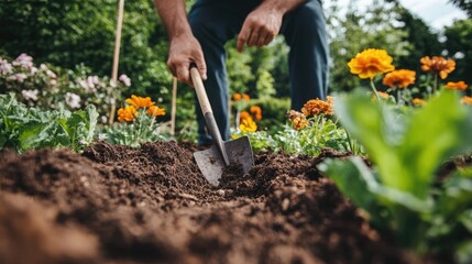 Gardening with a Shovel in a Vibrant Flower Bed