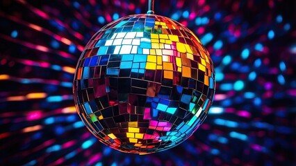 A vibrant disco mirror ball with multi-colored reflections, casting dynamic light patterns, perfect for a lively nightclub atmosphere.-