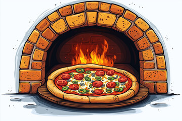 A vector illustration of a brick oven with a toasted pizza inside, simple outlines for web design. 