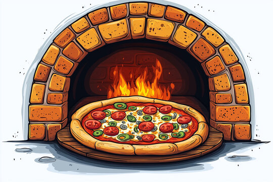 A vector illustration of a brick oven with a toasted pizza inside, simple outlines for web design. 