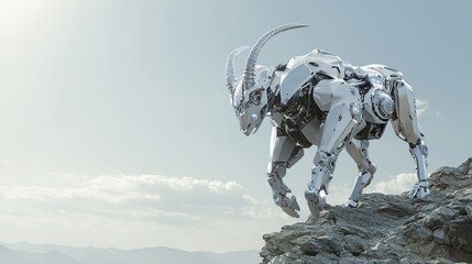 Majestic Robotic Goat Climbing Rocky Cliff - 3D Render with Cinematic Lightning, Futuristic Concept Art