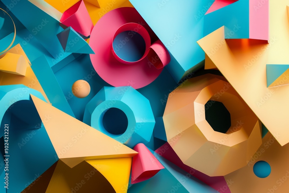 Poster a colorful abstract piece of art with many different shapes and sizes. the colors are bright and the