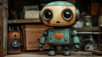 A vintage robot with a heart-shaped emblem, set against a cluttered workshop backdrop.