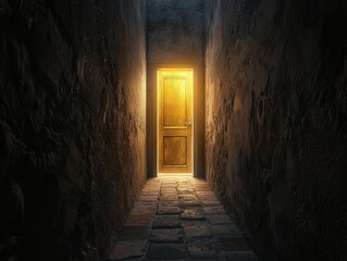 Obraz premium Bright Golden Door at the End of a Narrow Alleyway