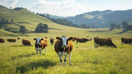 Fototapeta premium Cows Grazing on a Scenic Pasture Landscape