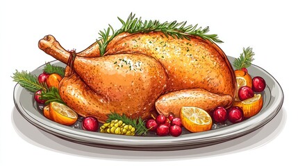 Christmas baked duck with herbs and fruits on gray plate, white background.