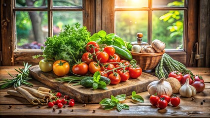 A Rustic Still Life of Vibrant Tomatoes, Fresh Herbs, and Garlic Cloves on a Wooden Cutting Board, Capturing the Essence of Summer Harvest