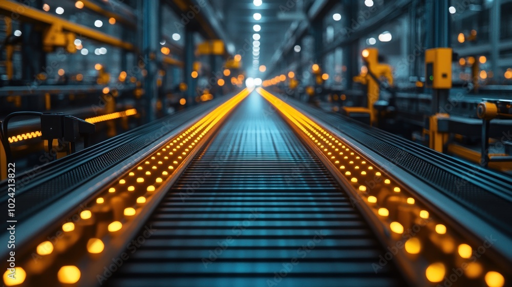 Aufkleber an empty conveyor belt in a modern factory setting with illuminated lights.